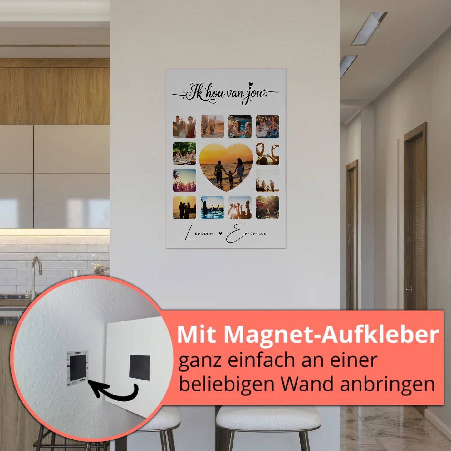 Personalisiertes Fotoboard Magnet Wandbild mit Paar Fotocollage 13 Fotos Ik hou van jou Liebe auf Niederländisch Geschenk 5