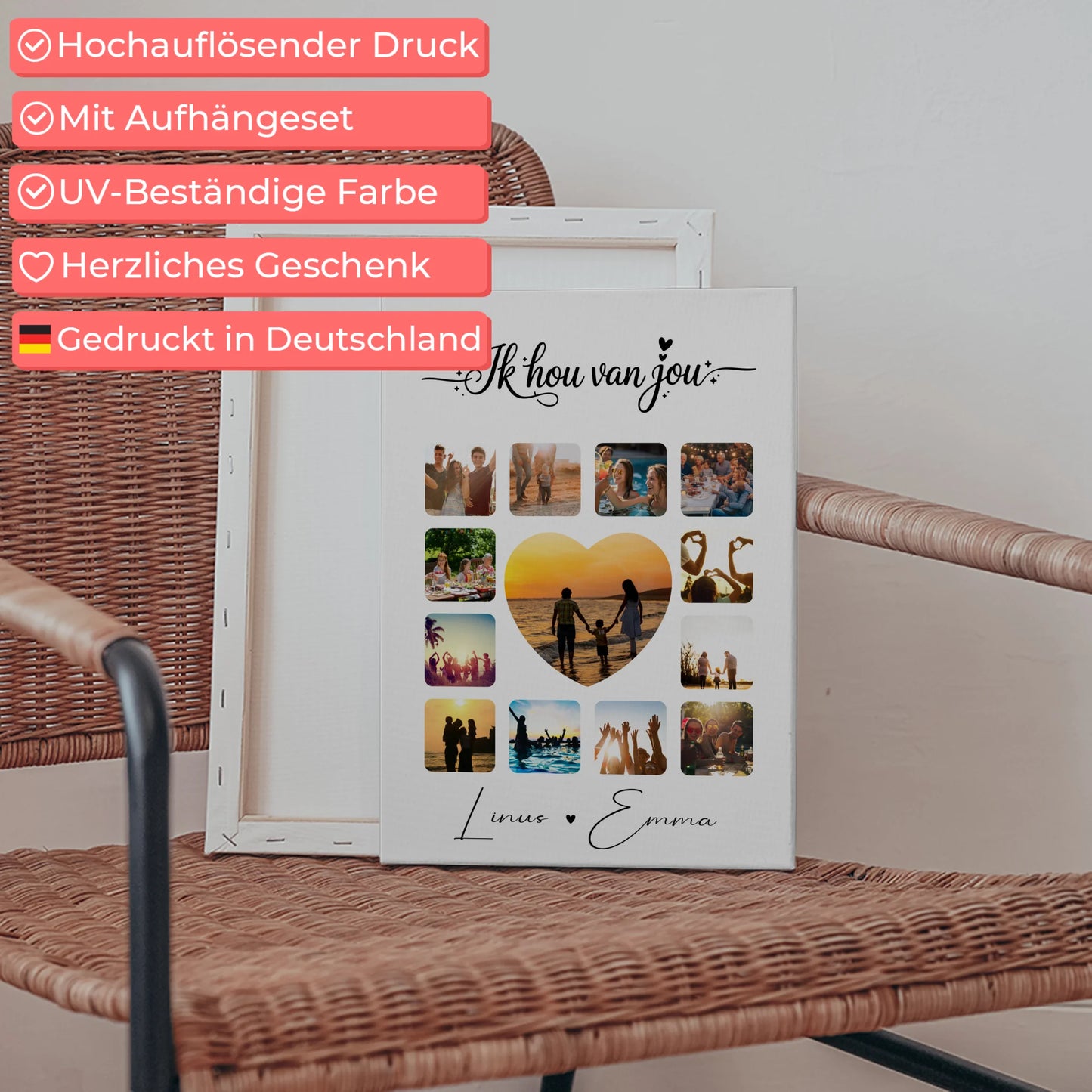 Personalisierte Leinwand Hochzeit mit Paar Fotocollage 13 Fotos Ik hou van jou Liebe auf Niederländisch Geschenk 5