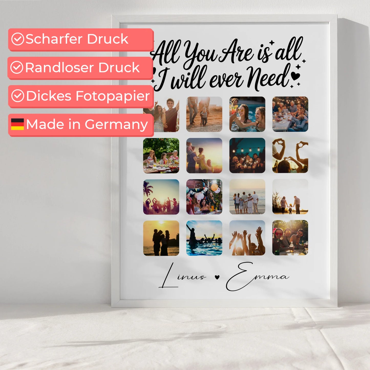 Personalisierte Poster Partner Geschenk Fotocollage Liebe mit 16 Fotos