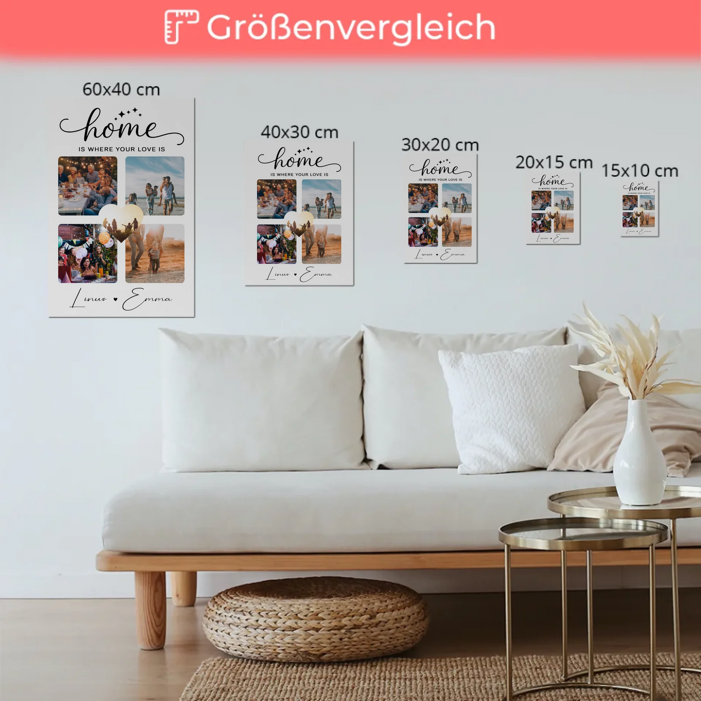 Personalisierbares Fotoboard Magnet Poster Für Paare mit 4 Fotos Home Is Where Your Love Is Geschenk