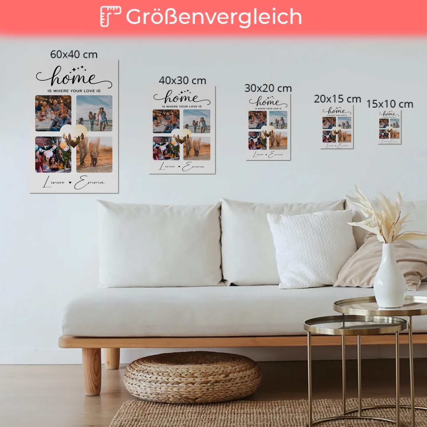 Personalisierbares Fotoboard Magnet Poster Für Paare mit 4 Fotos Home Is Where Your Love Is Geschenk