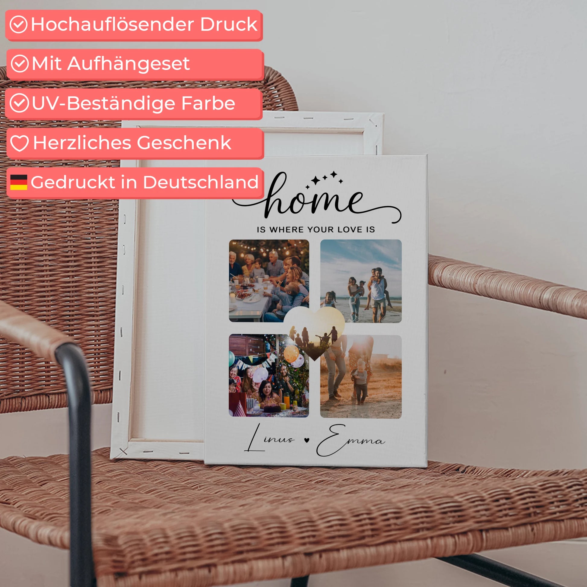 Personalisierte Pärchen Leinwand Für Paare mit 4 Fotos Home Is Where Your Love Is Geschenk 5