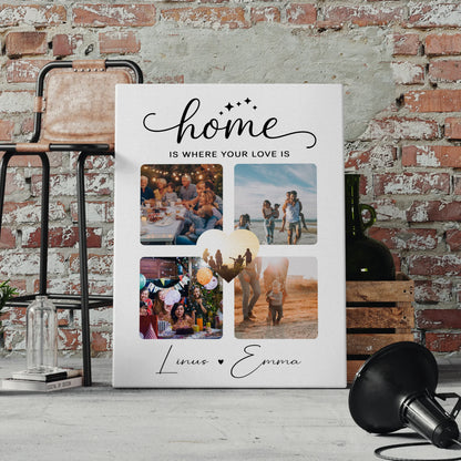 Personalisierte Pärchen Leinwand Für Paare mit 4 Fotos Home Is Where Your Love Is Geschenk 4