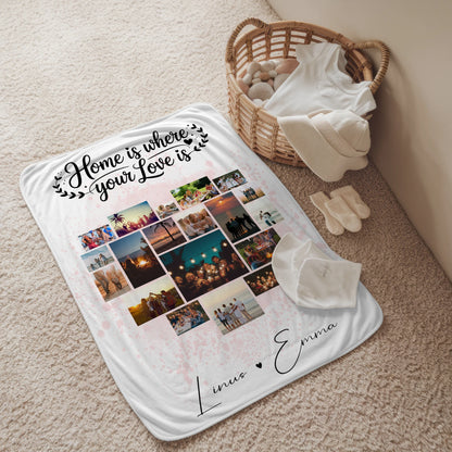 Personalisierte Decke Mit Namen mit Fotocollage für Paare 19 Herz Fotos Home Is Where Your Love Is Geschenk 2