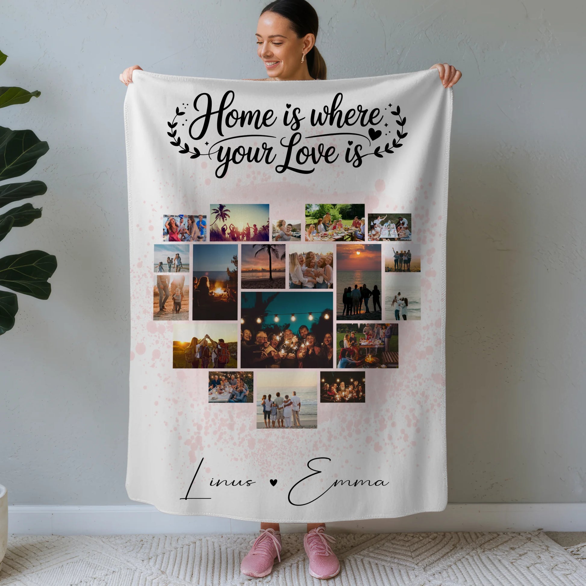 Personalisierte Decke Mit Namen mit Fotocollage für Paare 19 Herz Fotos Home Is Where Your Love Is Geschenk 1