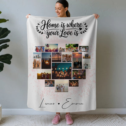 Personalisierte Decke Mit Namen mit Fotocollage für Paare 19 Herz Fotos Home Is Where Your Love Is Geschenk 1