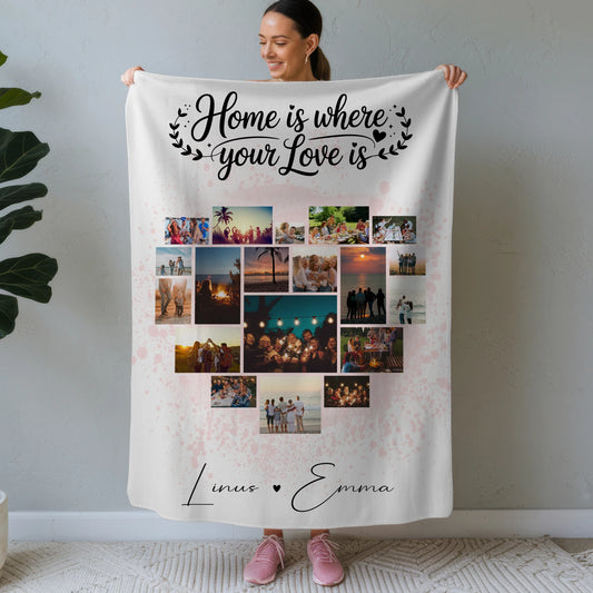 Personalisierte Decke Mit Namen mit Fotocollage für Paare 19 Herz Fotos Home Is Where Your Love Is Geschenk 1