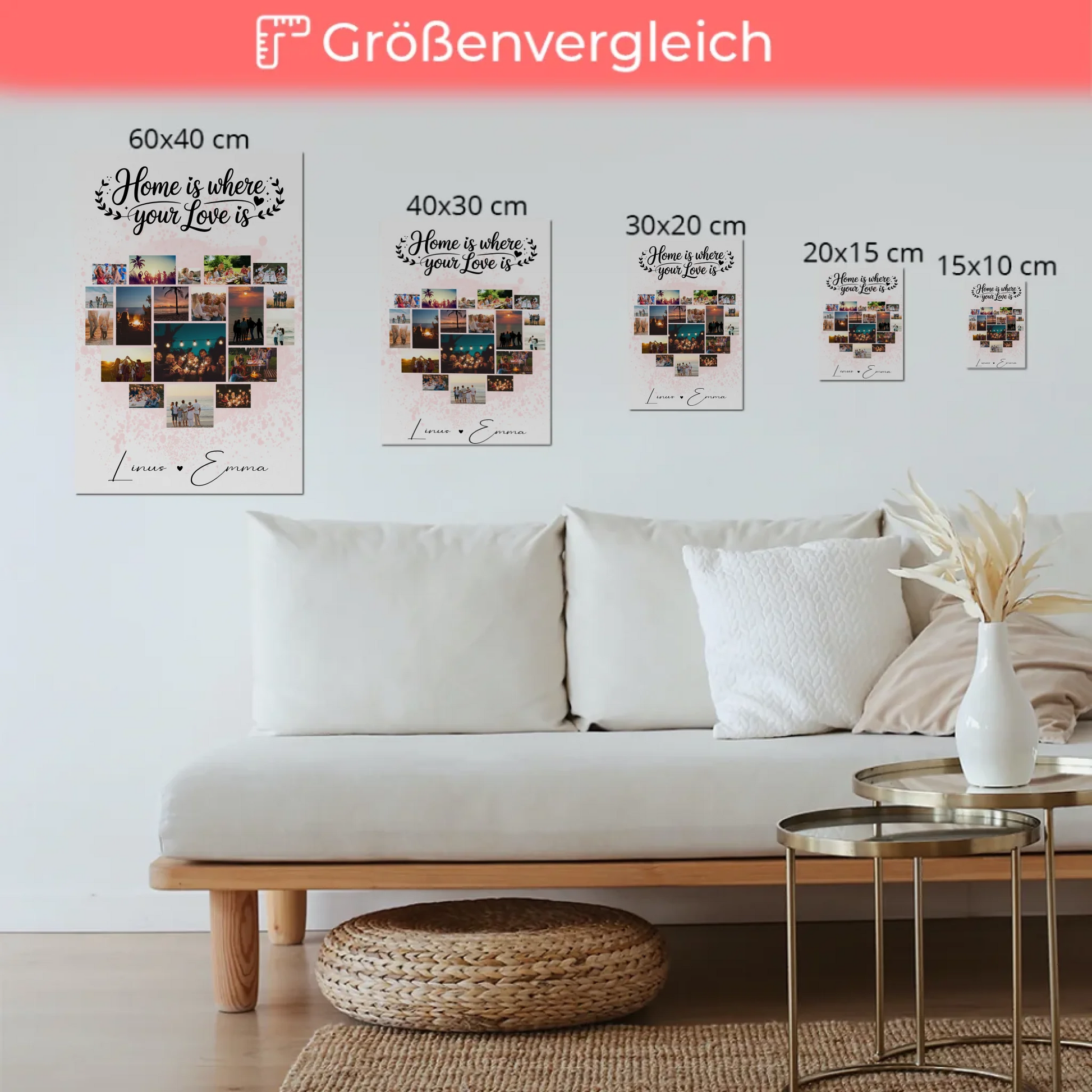 Personalisiertes Fotoboard mit 19 Herz Fotos Fotocollage für Paare Home Is Where Your Love Is Geschenk 6