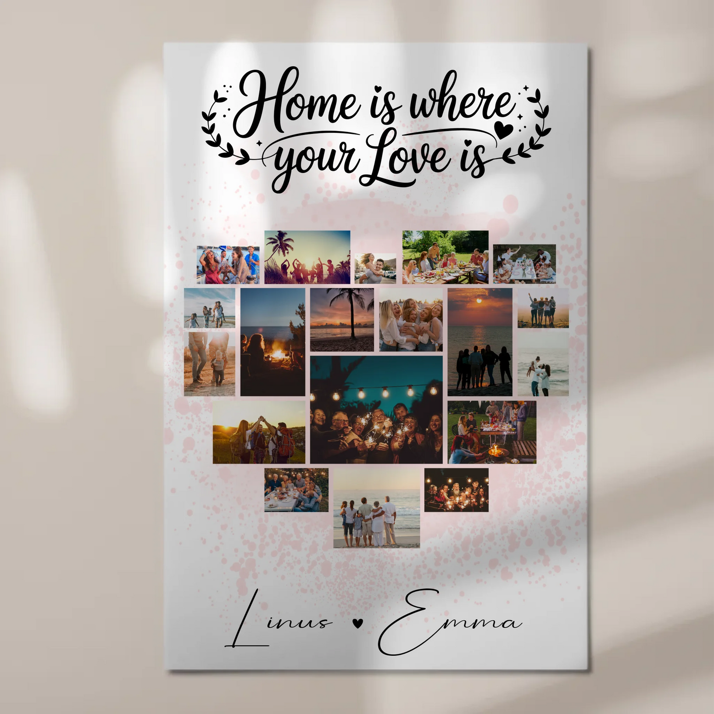 Personalisiertes Fotoboard mit 19 Herz Fotos Fotocollage für Paare Home Is Where Your Love Is Geschenk