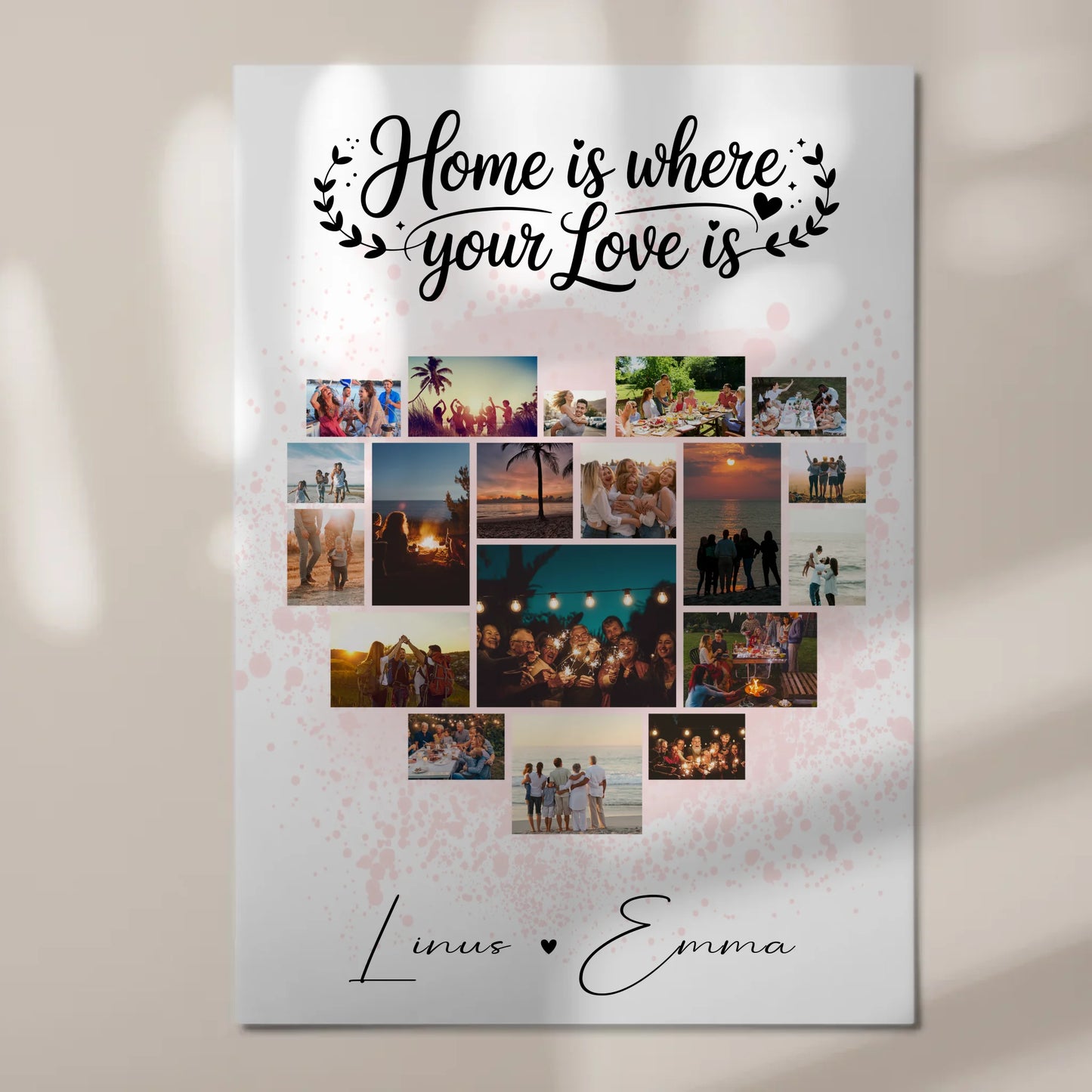 Personalisiertes Fotoboard mit 19 Herz Fotos Fotocollage für Paare Home Is Where Your Love Is Geschenk
