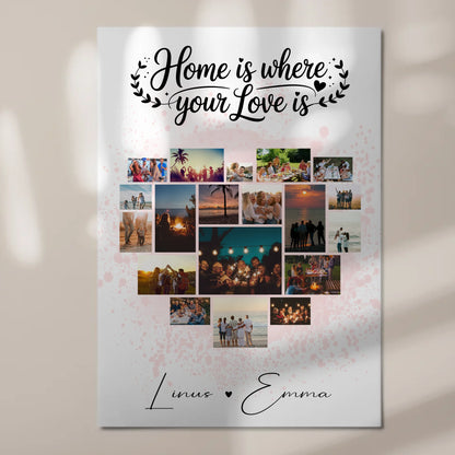 Personalisiertes Fotoboard mit 19 Herz Fotos Fotocollage für Paare Home Is Where Your Love Is Geschenk