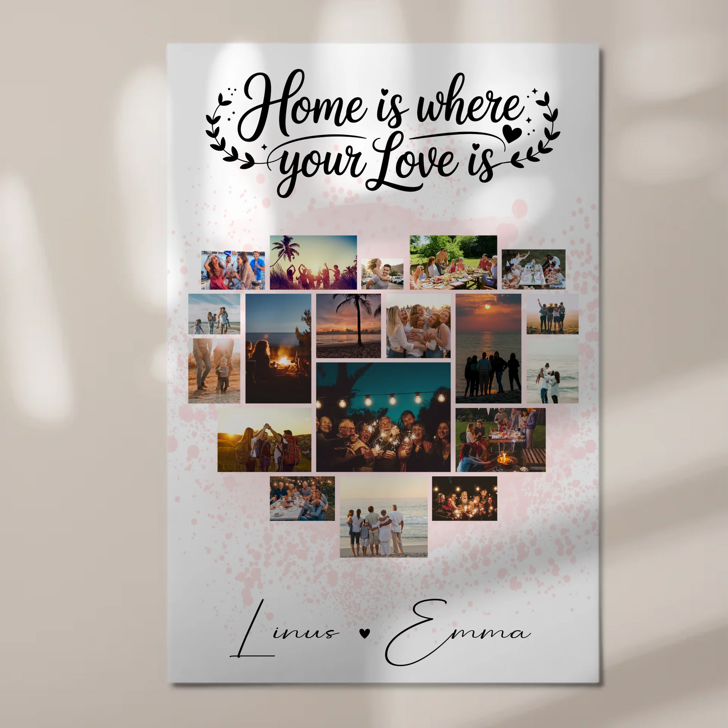 Personalisiertes Fotoboard mit 19 Herz Fotos Fotocollage für Paare Home Is Where Your Love Is Geschenk