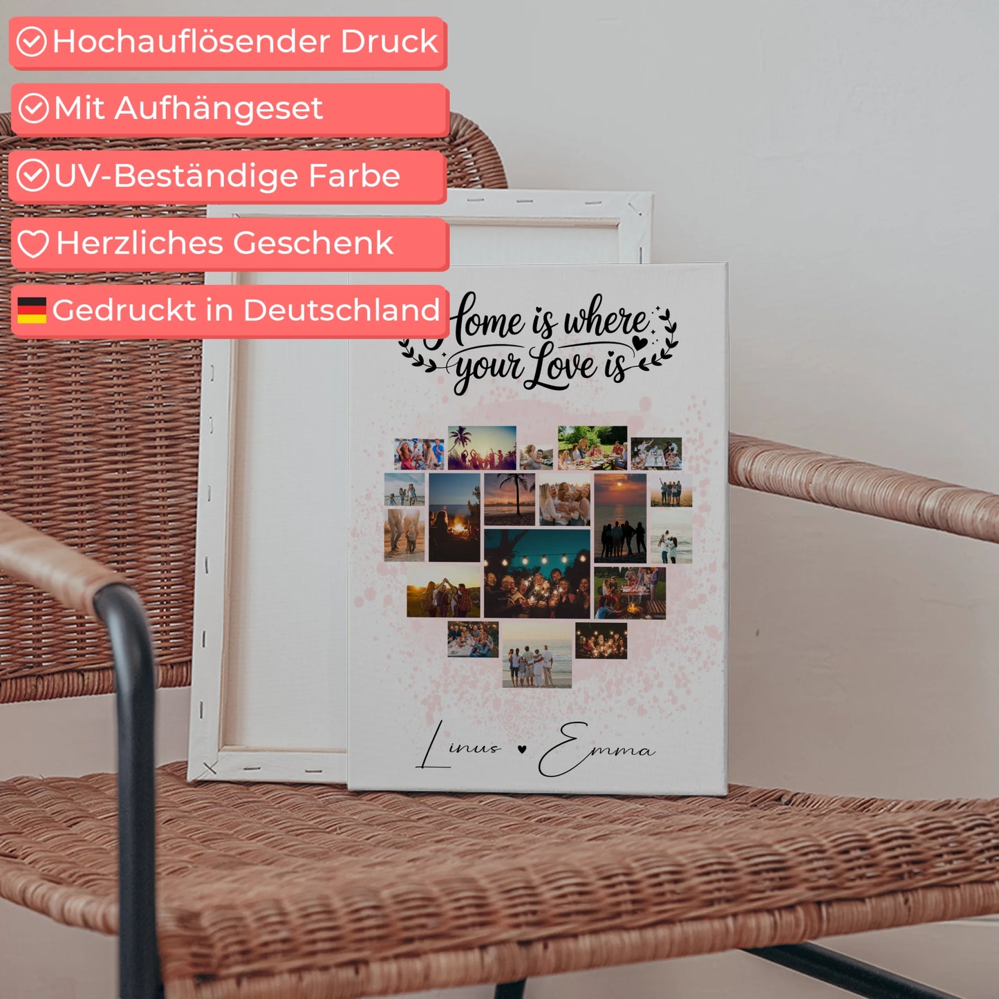 Personalisierte Leinwand Hochzeit mit Fotocollage für Paare 19 Herz Fotos Home Is Where Your Love Is Geschenk 5