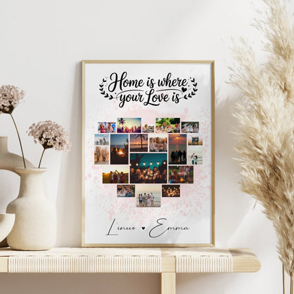 Geschenk Poster Liebe Fotocollage für Paare mit 19 Herz Fotos Home Is Where Your Love Is
