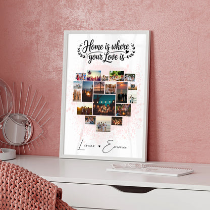 Geschenk Poster Liebe Fotocollage für Paare mit 19 Herz Fotos Home Is Where Your Love Is