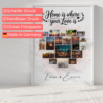 Geschenk Poster Liebe Fotocollage für Paare mit 19 Herz Fotos Home Is Where Your Love Is