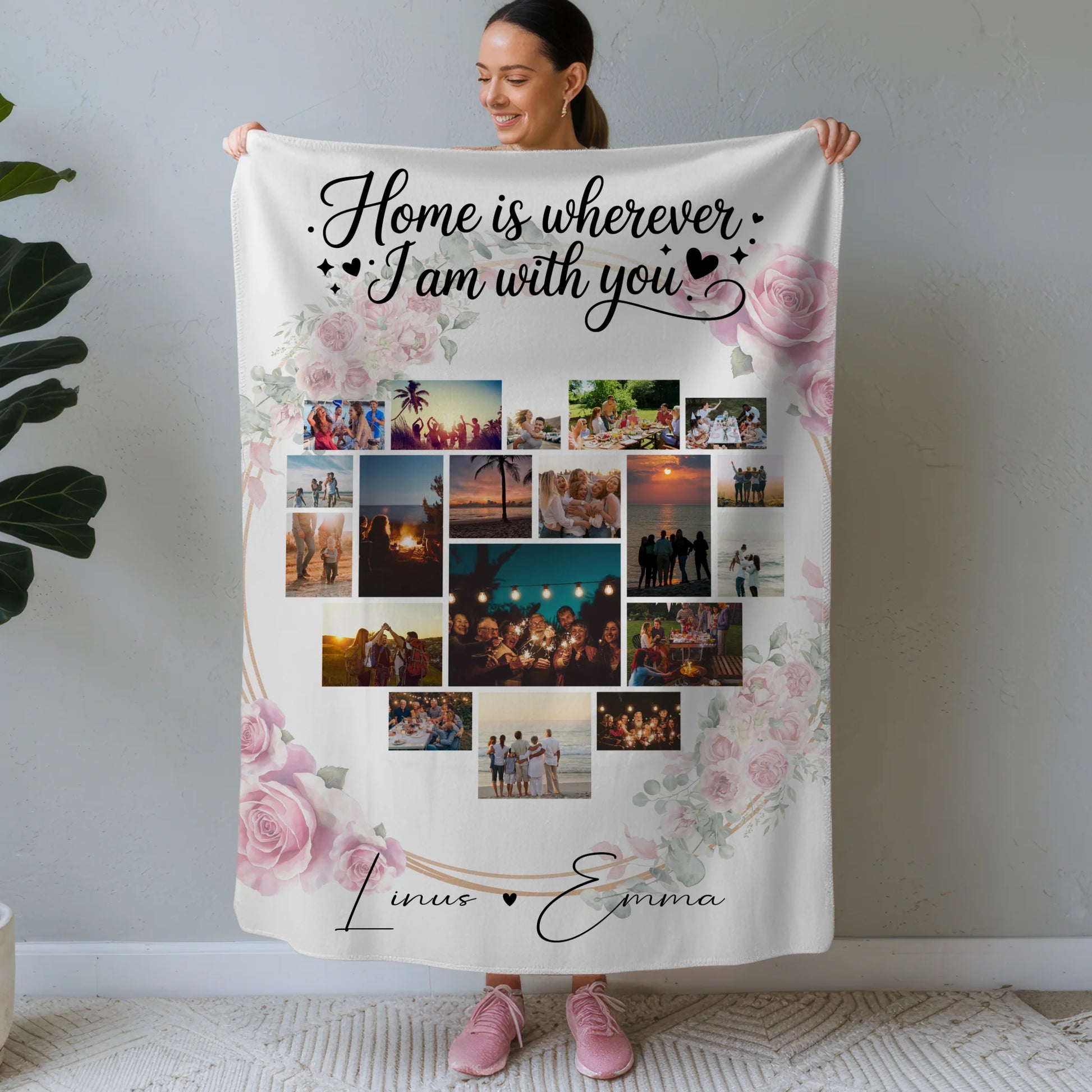 Personalisierte Decke Mit Namen Paar Fotocollage 19 Herz Fotos Home is Wherever I Am with You Geschenk 1