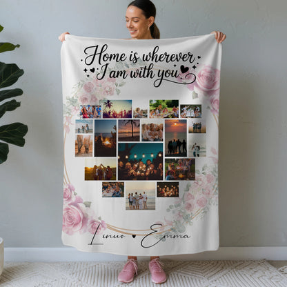 Personalisierte Decke Mit Namen Paar Fotocollage 19 Herz Fotos Home is Wherever I Am with You Geschenk 1