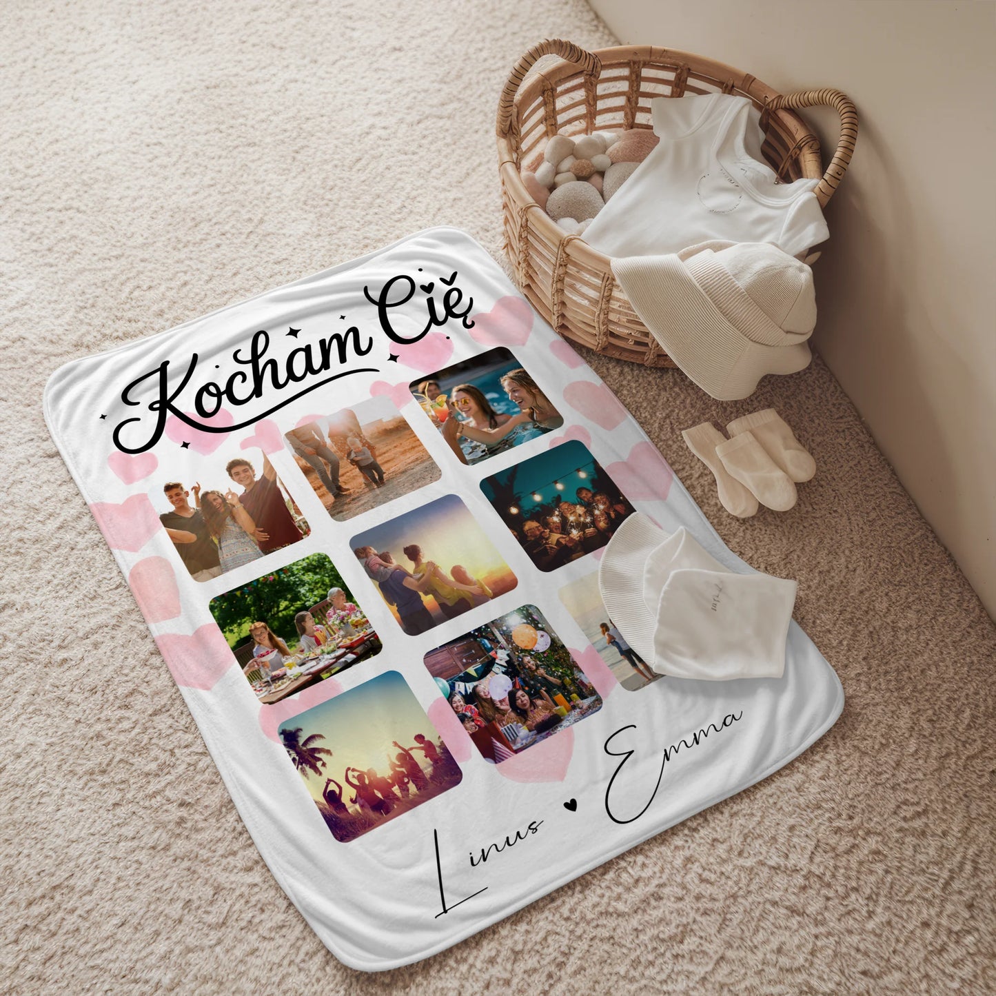 Personalisierte Kuscheldecke Mit Namen Fotocollage für Paare 9 Fotos Kocham Cie Liebe auf Polnisch Geschenk 2