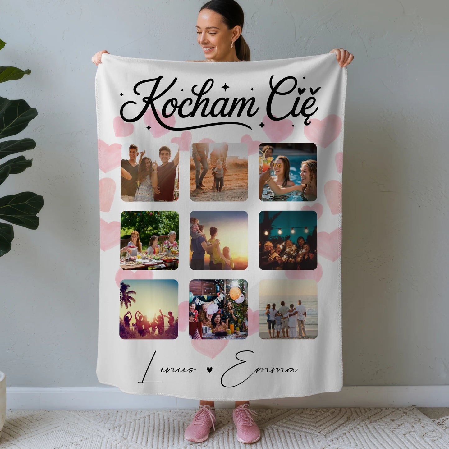 Personalisierte Kuscheldecke Mit Namen Fotocollage für Paare 9 Fotos Kocham Cie Liebe auf Polnisch Geschenk 1