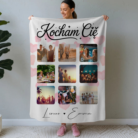 Personalisierte Kuscheldecke Mit Namen Fotocollage für Paare 9 Fotos Kocham Cie Liebe auf Polnisch Geschenk 1