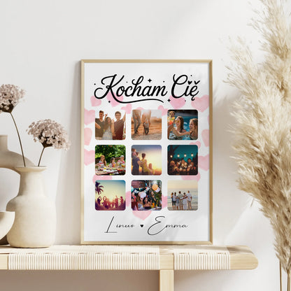 Liebes Poster Fotocollage für Paare mit 9 Fotos Kocham cię Liebe auf Polnisch Geschenk