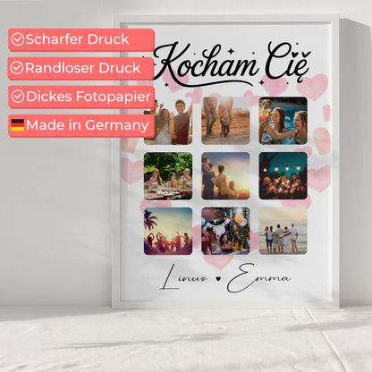 Liebes Poster Fotocollage für Paare mit 9 Fotos Kocham cię Liebe auf Polnisch Geschenk