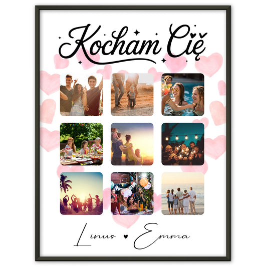 Liebes Poster Fotocollage für Paare mit 9 Fotos Kocham cię Liebe auf Polnisch Geschenk