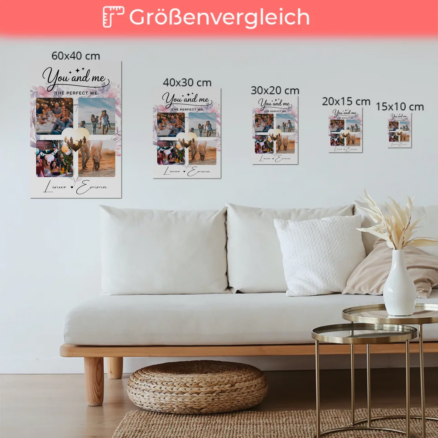 Personalisiertes Fotoboard Magnet Wandbild Paar Fotocollage 4 Fotos You and me The perfect we Geschenk