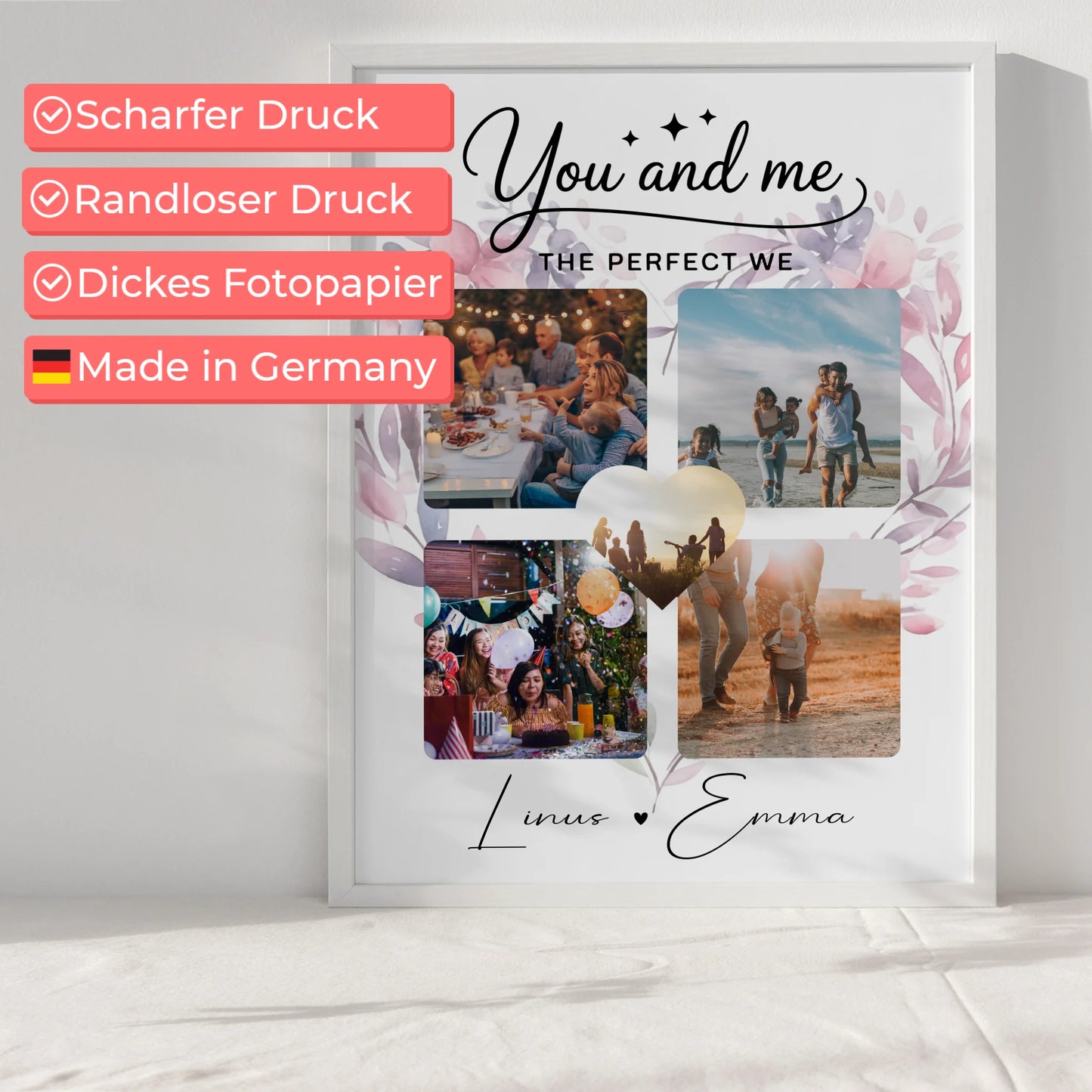 Pärchen Poster Personalisiert Geschenk Paar Fotocollage 4 Fotos You and me The perfect we