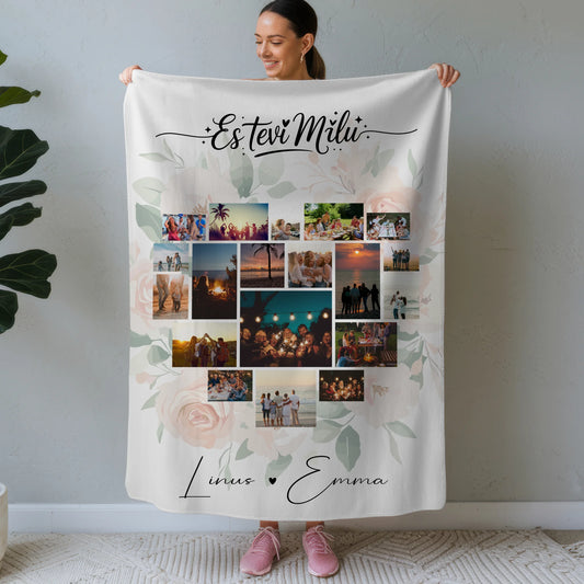 Personalisierte Kuscheldecke Mit Namen Fotocollage Liebe 19 Herz Fotos Es tevi mīlu Geschenk 1