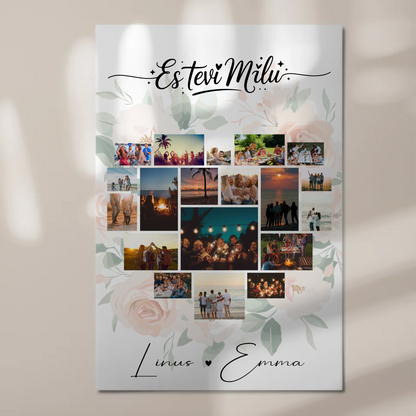 Personalisiertes Fotoboard Magnet Wandbild mit 19 Herz Fotos und Liebe auf Lettisch