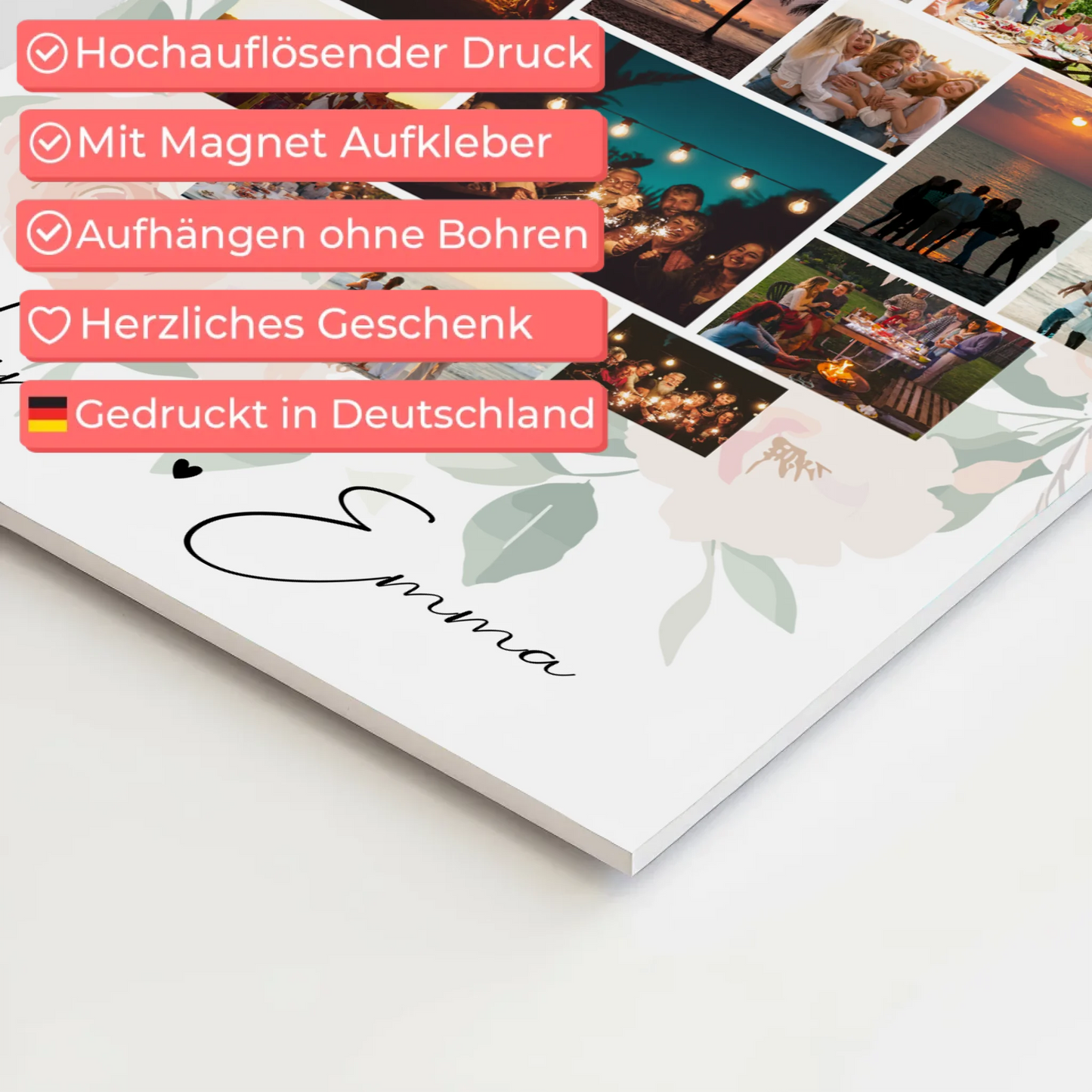 Personalisiertes Fotoboard Magnet Wandbild mit 19 Herz Fotos und Liebe auf Lettisch