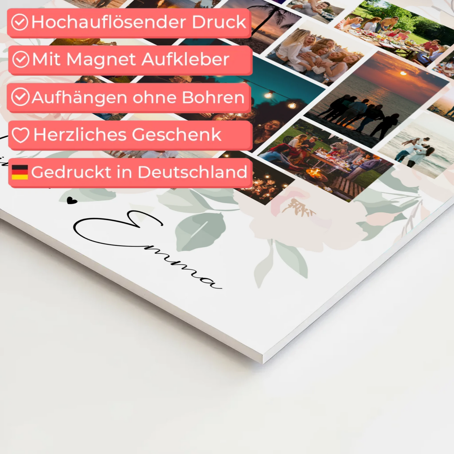 Personalisiertes Fotoboard Magnet Wandbild mit 19 Herz Fotos und Liebe auf Lettisch