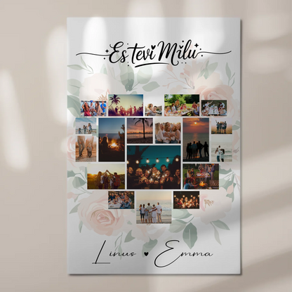 Personalisiertes Fotoboard Magnet Wandbild mit 19 Herz Fotos und Liebe auf Lettisch