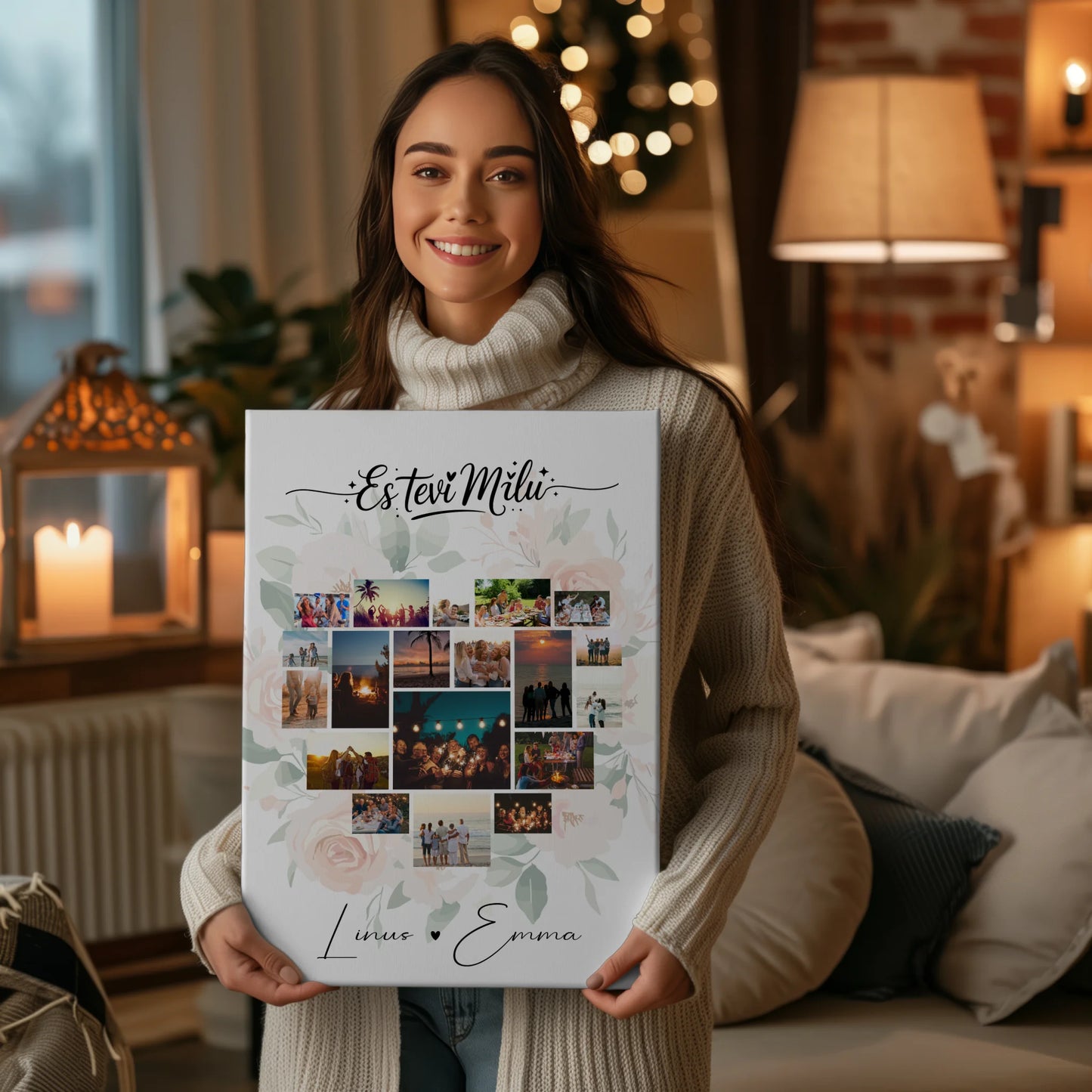Personalisierte Paar Leinwand mit Fotocollage Liebe 19 Herz Fotos Es tevi mīlu Geschenk 2