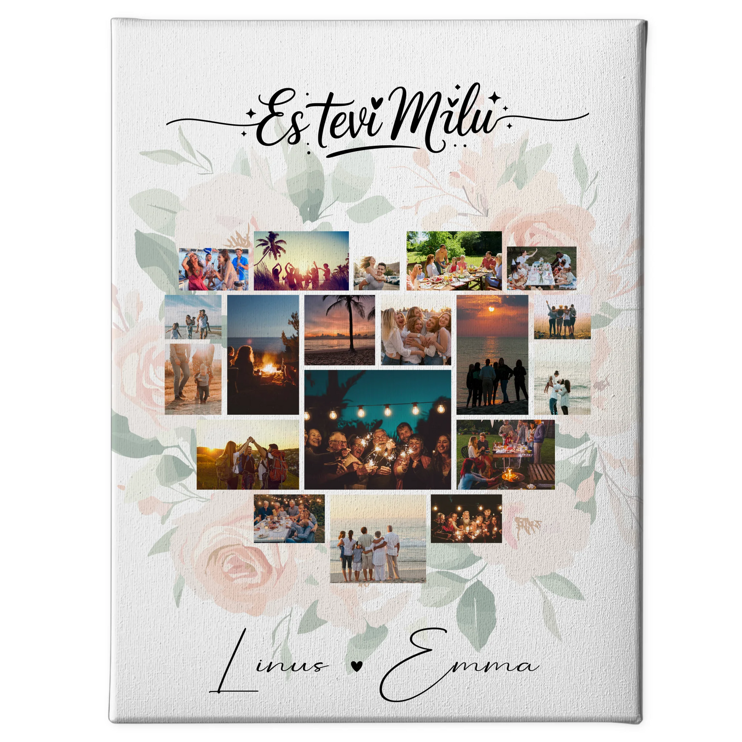 Personalisierte Paar Leinwand mit Fotocollage Liebe 19 Herz Fotos Es tevi mīlu Geschenk 1