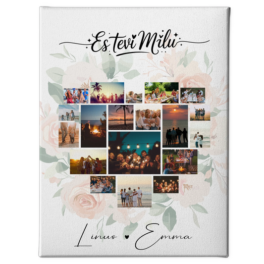 Personalisierte Paar Leinwand mit Fotocollage Liebe 19 Herz Fotos Es tevi mīlu Geschenk 1