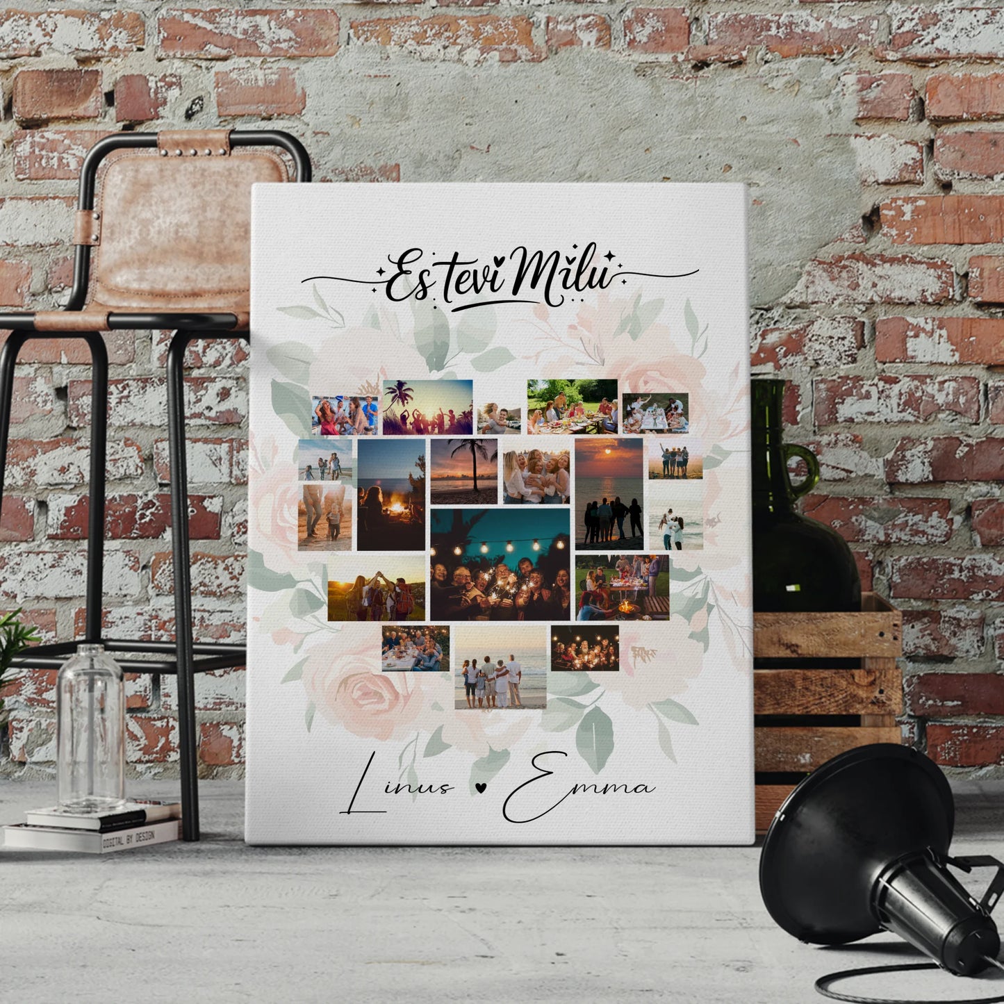 Personalisierte Paar Leinwand mit Fotocollage Liebe 19 Herz Fotos Es tevi mīlu Geschenk 4