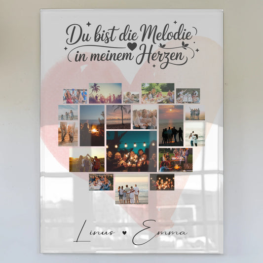 Personalisierte Fotocollage auf Acrylglas mit 19 Herz Fotos Melodie in meinem Herzen Geschenk