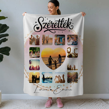 Personalisierte Decke Mit Namen Fotocollage für Paare 13 Fotos Szeretlek Liebe auf Ungarisch Geschenk 1