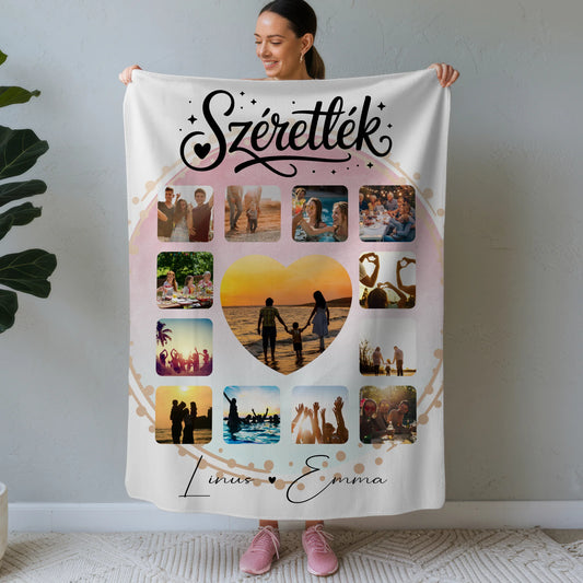 Personalisierte Decke Mit Namen Fotocollage für Paare 13 Fotos Szeretlek Liebe auf Ungarisch Geschenk 1