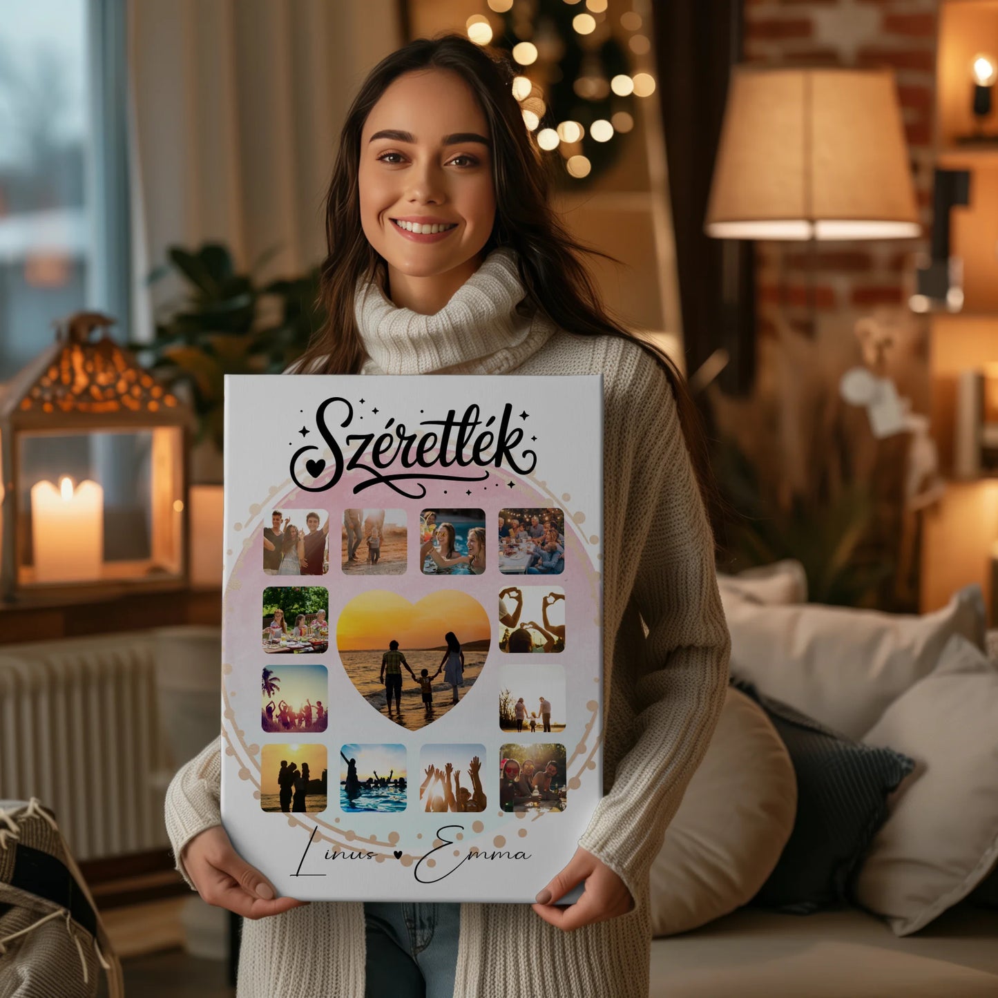Personalisierte Leinwandbild Paar mit 13 Fotos Fotocollage für Paare Szeretlek Liebe auf Ungarisch Geschenk 2