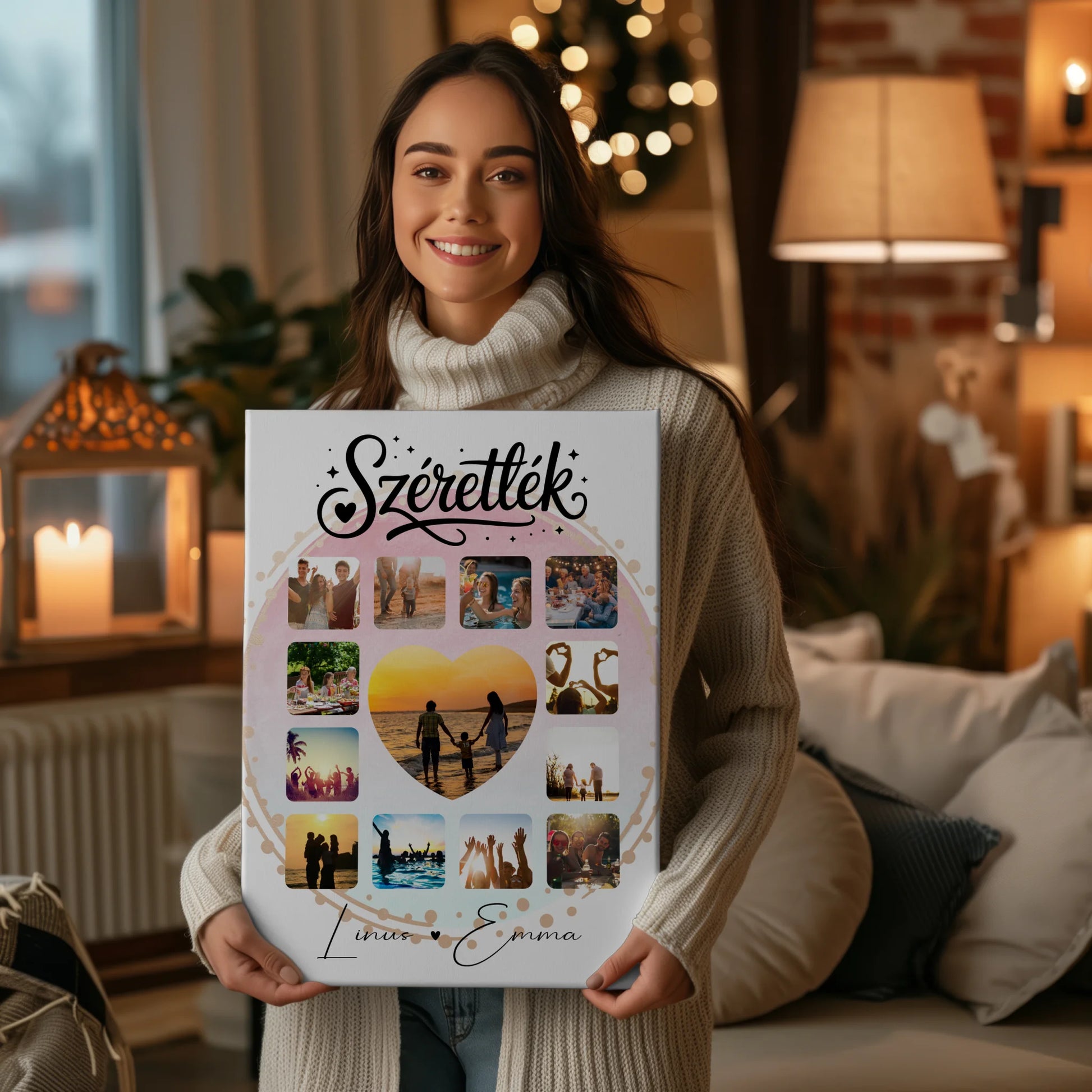 Personalisierte Leinwandbild Paar mit 13 Fotos Fotocollage für Paare Szeretlek Liebe auf Ungarisch Geschenk 2