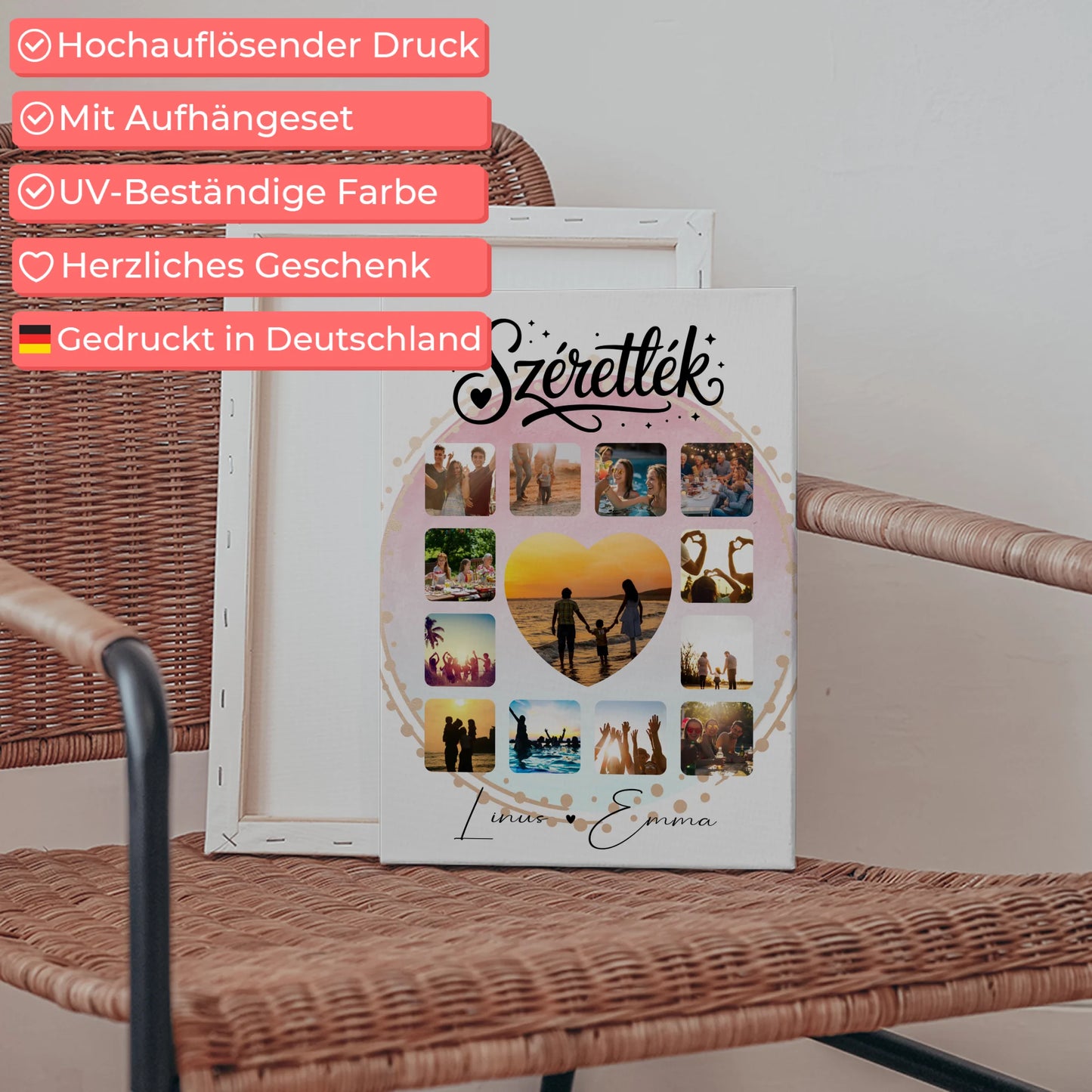 Personalisierte Leinwandbild Paar mit 13 Fotos Fotocollage für Paare Szeretlek Liebe auf Ungarisch Geschenk 5