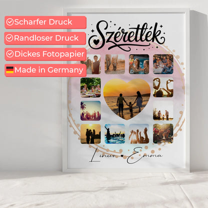 Personalisierte Poster Partner Fotocollage für Paare mit 13 Fotos Szeretlek Liebe Ungarisch