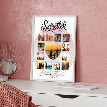 Personalisierte Poster Partner Fotocollage für Paare mit 13 Fotos Szeretlek Liebe Ungarisch