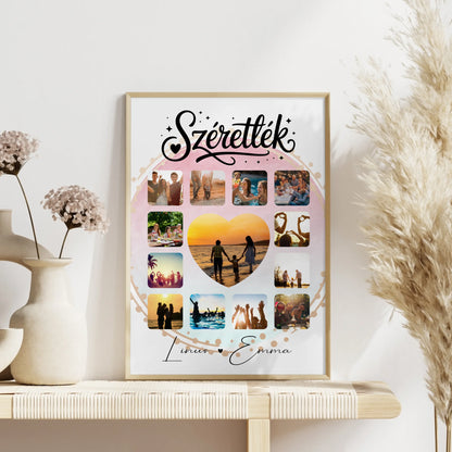 Personalisierte Poster Partner Fotocollage für Paare mit 13 Fotos Szeretlek Liebe Ungarisch