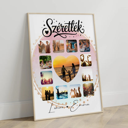 Personalisierte Poster Partner Fotocollage für Paare mit 13 Fotos Szeretlek Liebe Ungarisch