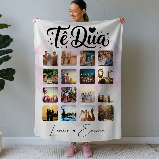 Personalisierte Kuscheldecke Mit Namen und Paar Fotocollage 16 Fotos Të dua Liebe auf Albanisch Geschenk 1